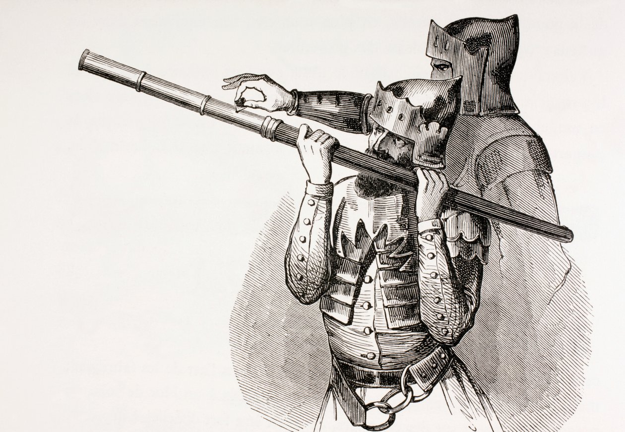 1873年出版的“Les Arts au Moyen Age”的两名15世纪士兵手持枪或射击指挥棒 作者 法语学校
