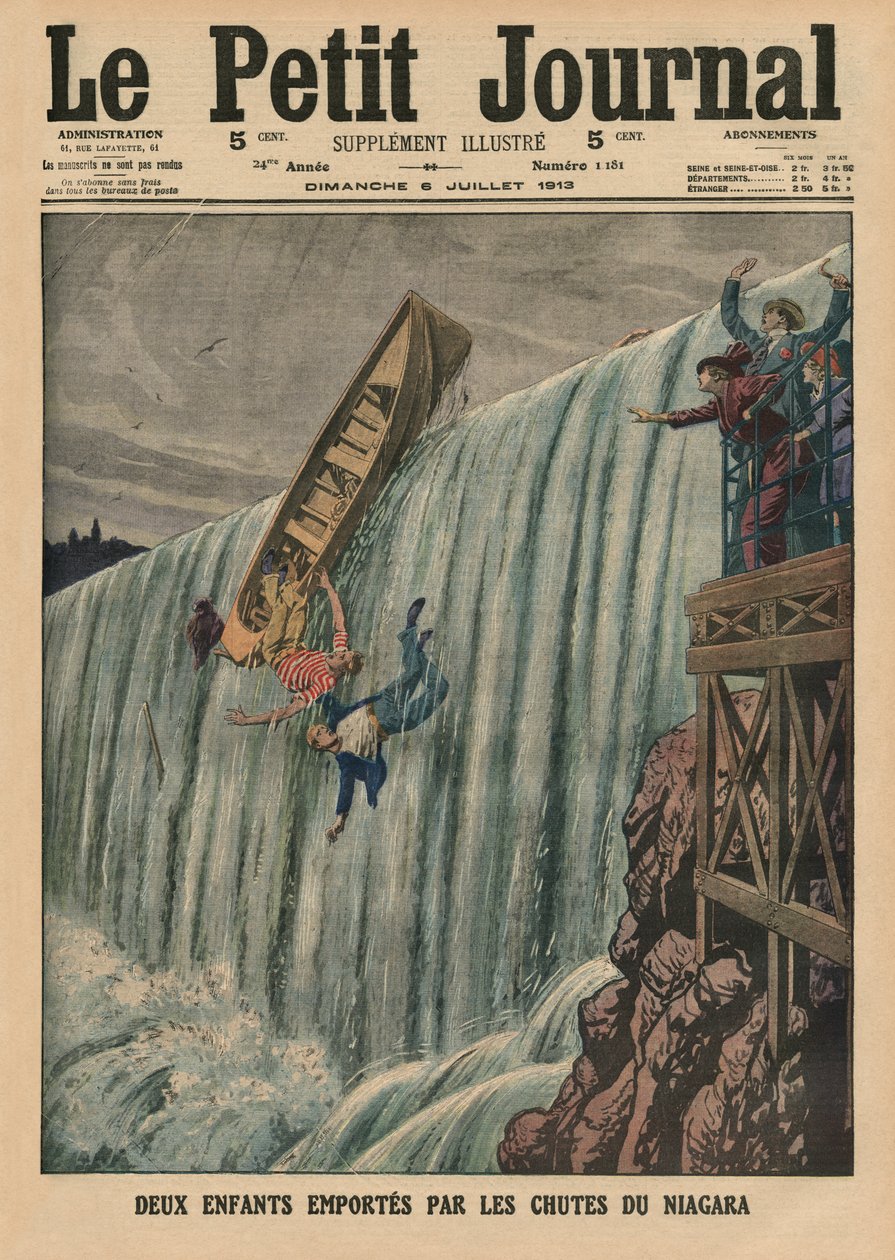 尼亚加拉瀑布带着两个孩子，来自&39;Le Petit Journal&39;的封面插图，补充说明，1913年7月6日 作者 法语学校