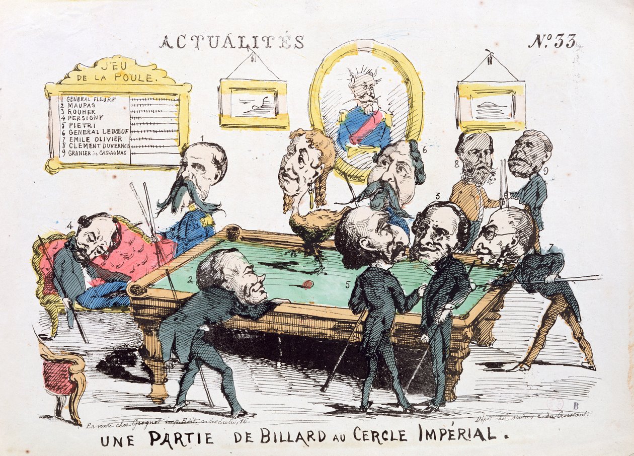 “帝国圈的台球党”，第二帝国社会的漫画，1870年“实际”的第33期 作者 法语学校