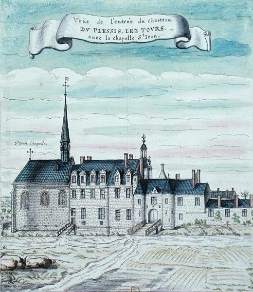 1699年Tourraine的Chateau de Plessis-les-Tours和圣让教堂的视图（钢笔和墨水在纸上）（另见173767） 作者 法语学校