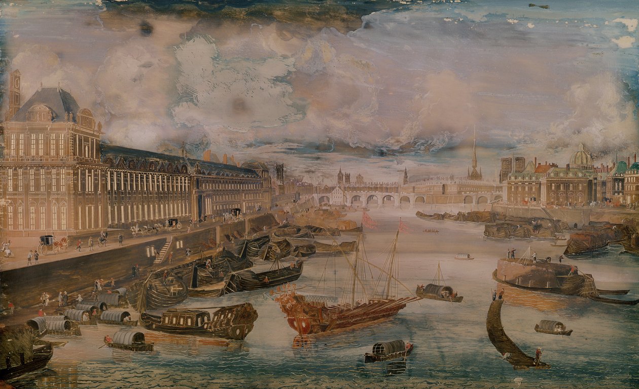 观看塞纳河，卢浮宫的格兰德画廊和学院的Quatre国家，c.1680 作者 法语学校