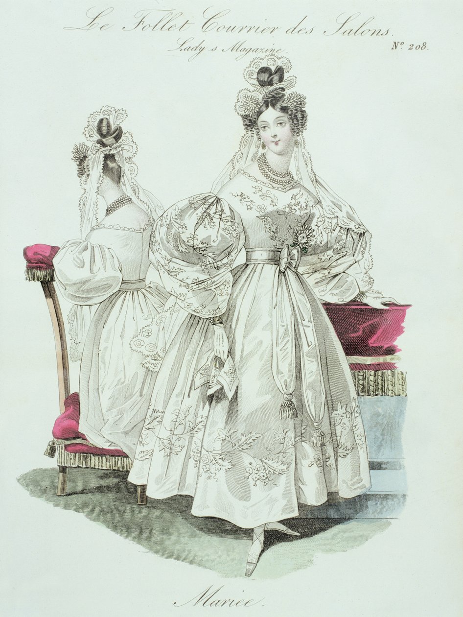 婚纱，来自&39;Le Follet Courrier des Salons Modes&39;，1832年 作者 法语学校