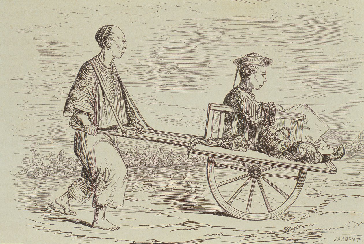 19世纪50年代中国的独轮车出租车，由“Le Tour du Monde”的Alfred Louis Sargent（b.1828）雕刻，于1860年代在巴黎出版 作者 法语学校