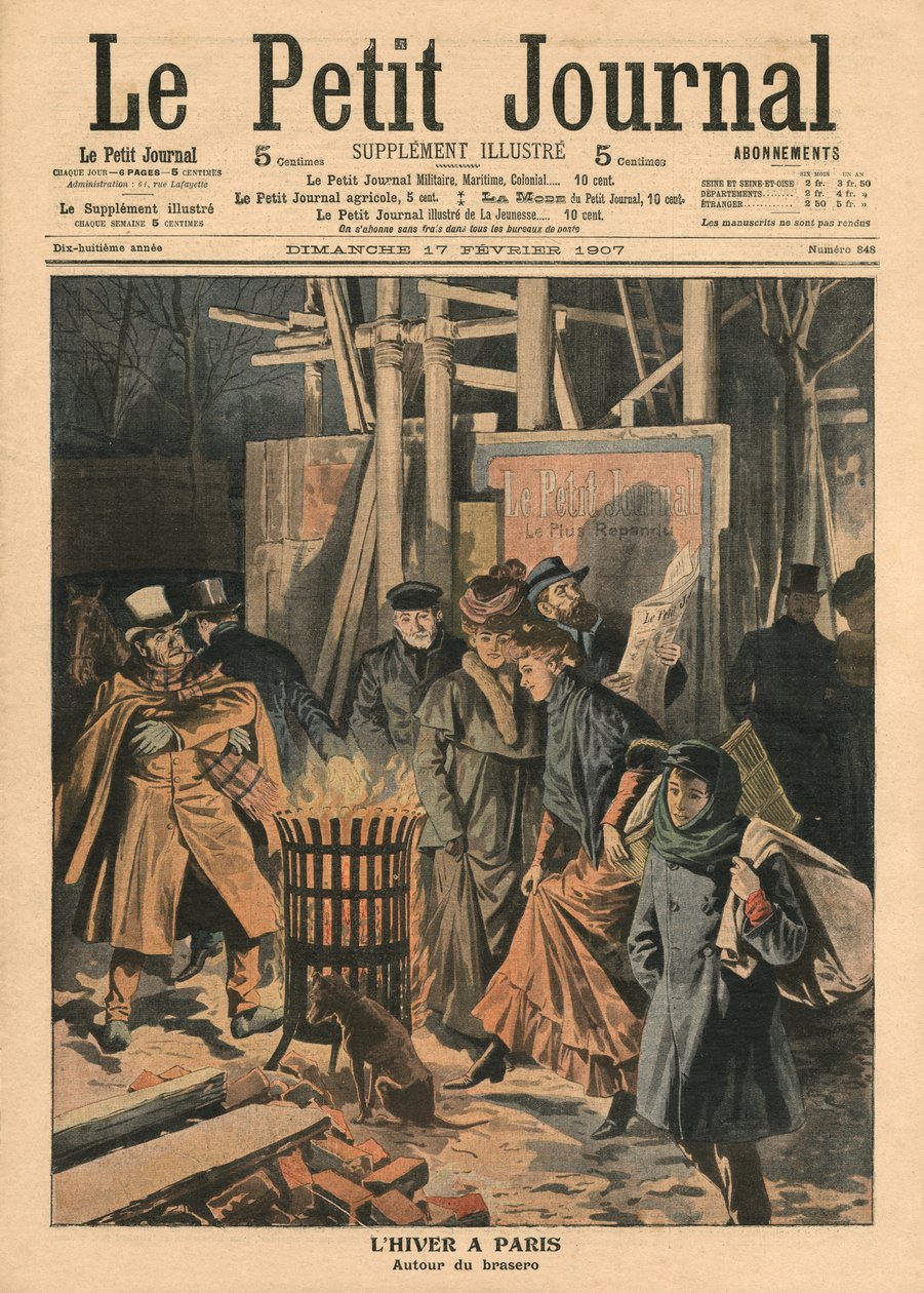 巴黎的冬天，围绕着火盆，插图来自&39;Le Petit Journal&39;，补充说明，1907年2月17日（彩色光刻） 作者 法语学校