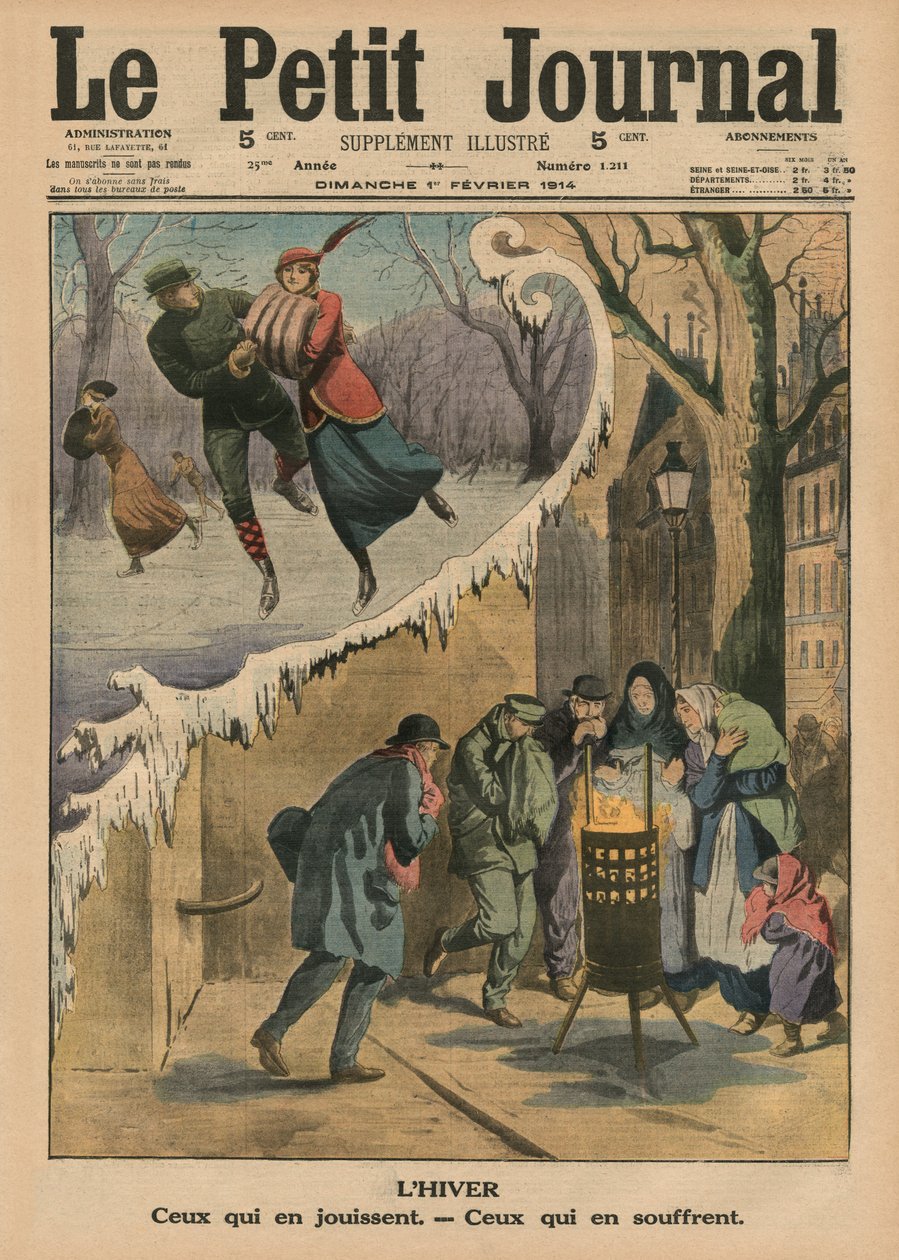 冬天，喜欢它的人，患有它的人，来自&39;Le Petit Journal&39;的封面插图，补充说明，1914年2月1日 作者 法语学校