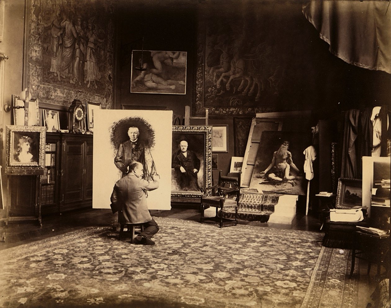 画家 Leon Bonnat 的工作室，约 1890 年（黑白照片） 作者 法国摄影师