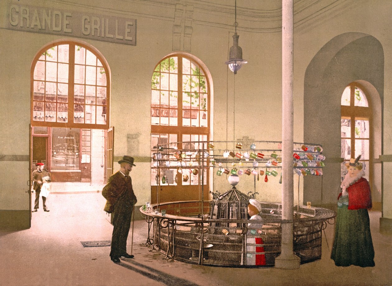 Vichy泉水由Grande Grille来源的玻璃出售，1890-1900 作者 法国摄影师