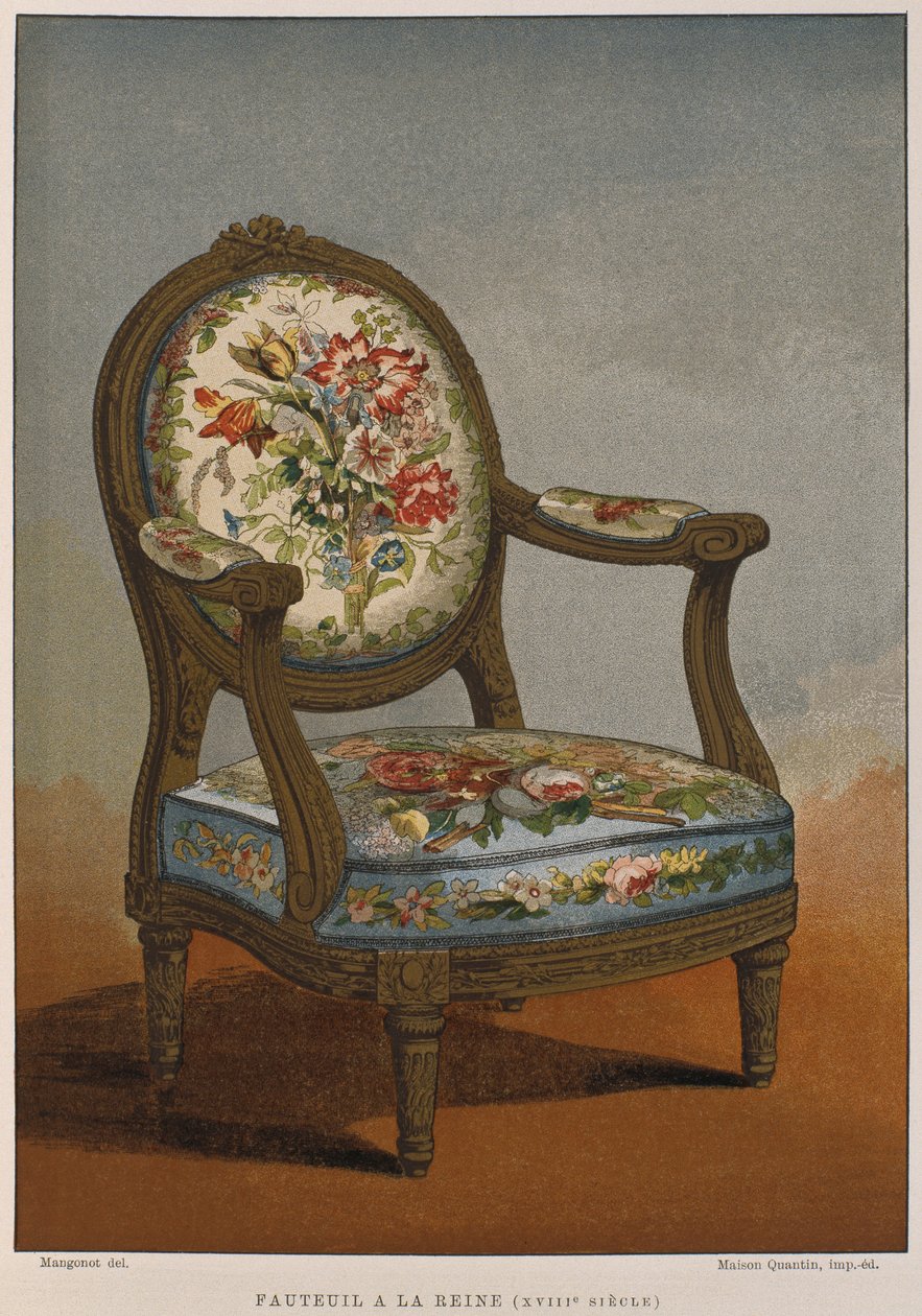 18世纪的花卉挂毯扶手椅，插图来自Dilenaire de lameublement et de la decoration by Henry Havard，第4卷，第29页，巴黎，Maison Quantin，1878（颜色 作者 法语学校