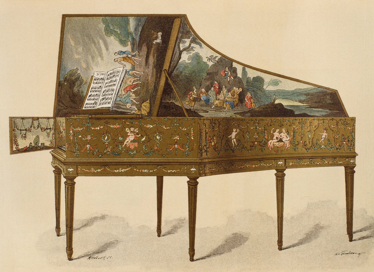 18世纪的大键琴装饰着怪诞的插图，来自Dictionnaire de lameublement et de la decoration by Henry Havard，第1卷，巴黎，Maison Quantin，1878 作者 法语学校