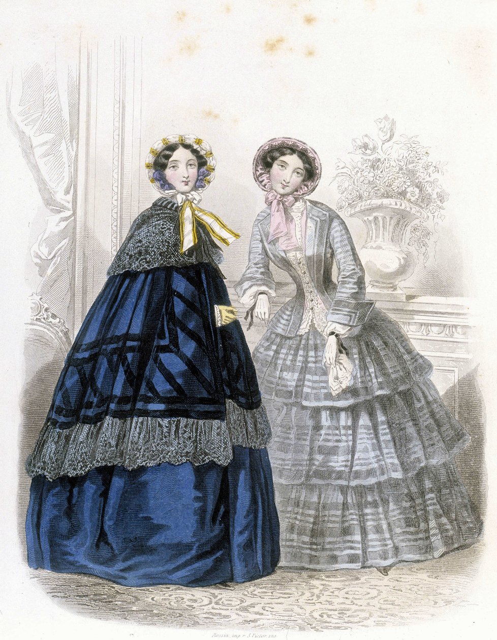 2位时尚女性：穿戴整齐--载于1852年的《Demiselles杂志》（雕刻）。 作者 法语学校