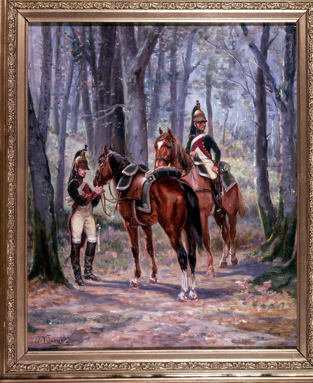 2名龙8骑兵，作为侦察兵离开，画作65 x 58厘米，布面油画，作者是De Villeneuve，19世纪末军事画家。 作者 法语学校