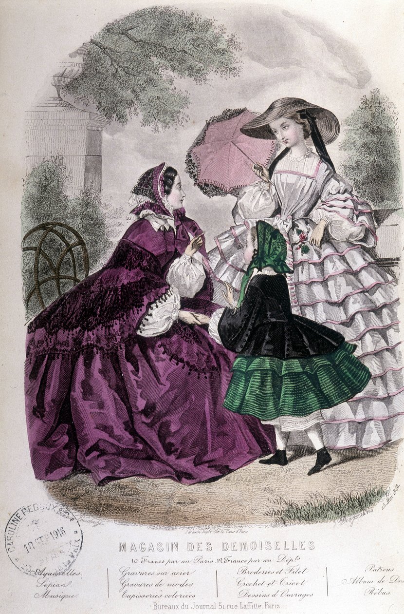 两个女人和一个女孩。时尚--在 "Damoiselles杂志 "上。1858 作者 法语学校