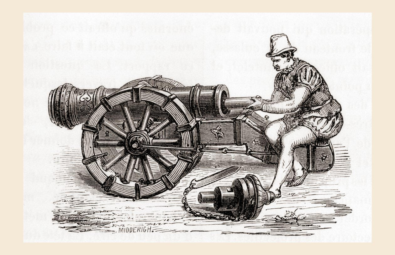 16 世纪装填德国大炮的后膛，来自 Les Merveilles de la Science，出版于 1870 年（雕刻） 作者 法语学校
