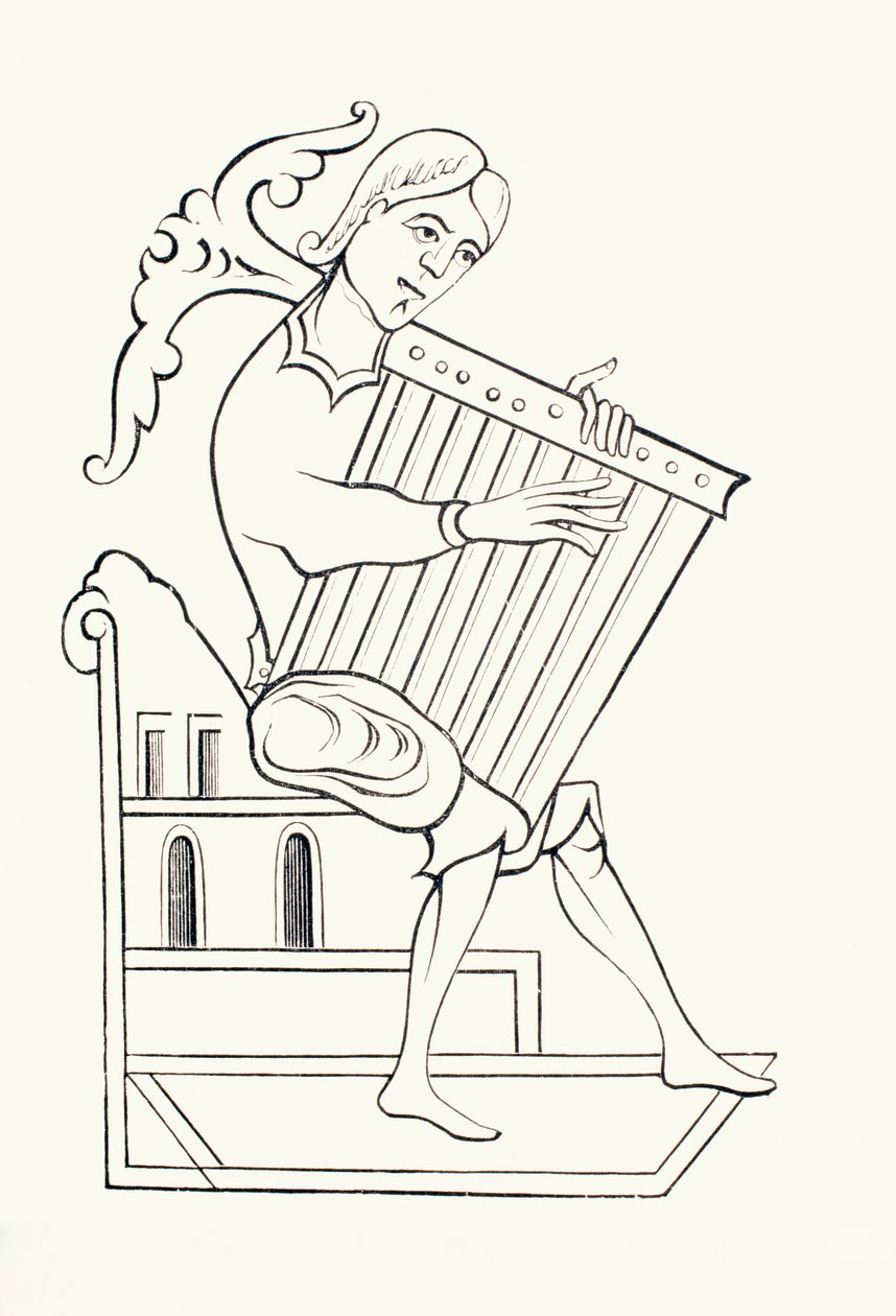 一位9世纪的音乐家，演奏一种名为psalterium的乐器，来自&39;Les Arts au Moyen Age&39;，1873年出版（版画） 作者 法语学校
