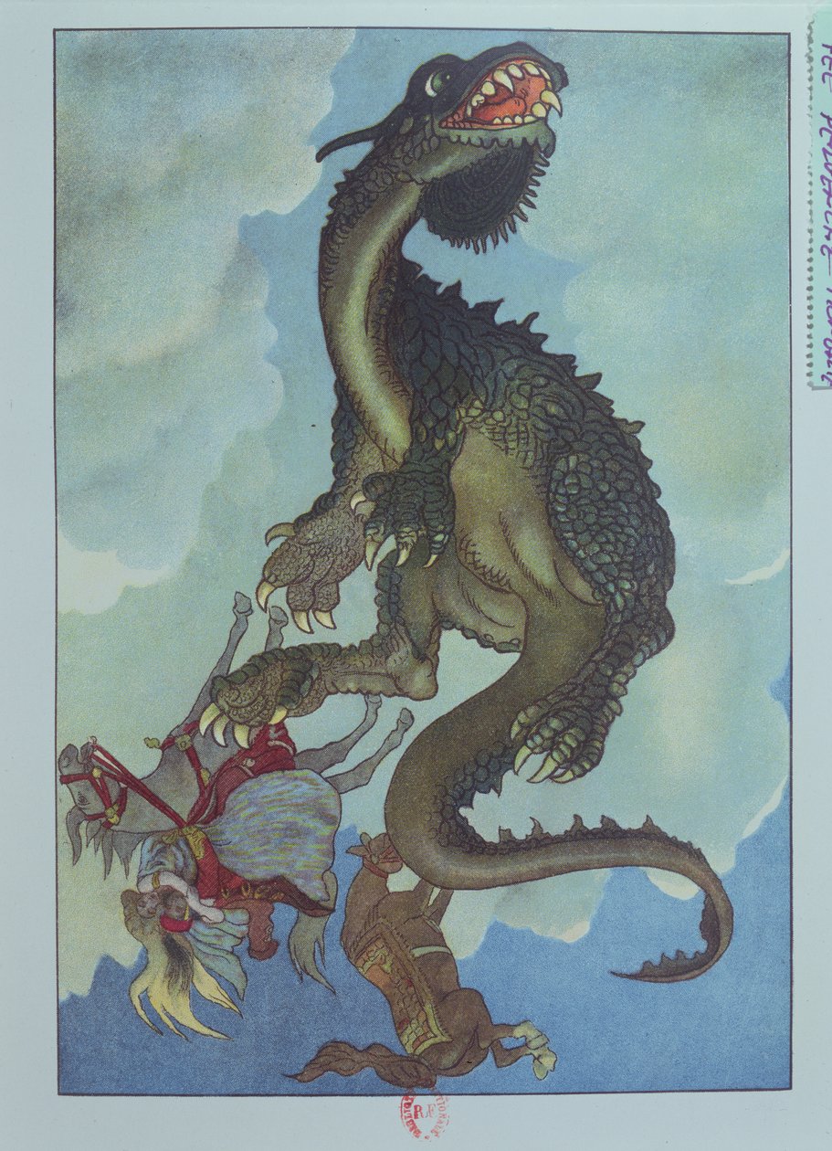 从天而降的巨龙》，匈牙利童话《佩文切仙子的故事》插图，约 1910 年（彩色石版印刷）。 作者 法语学校