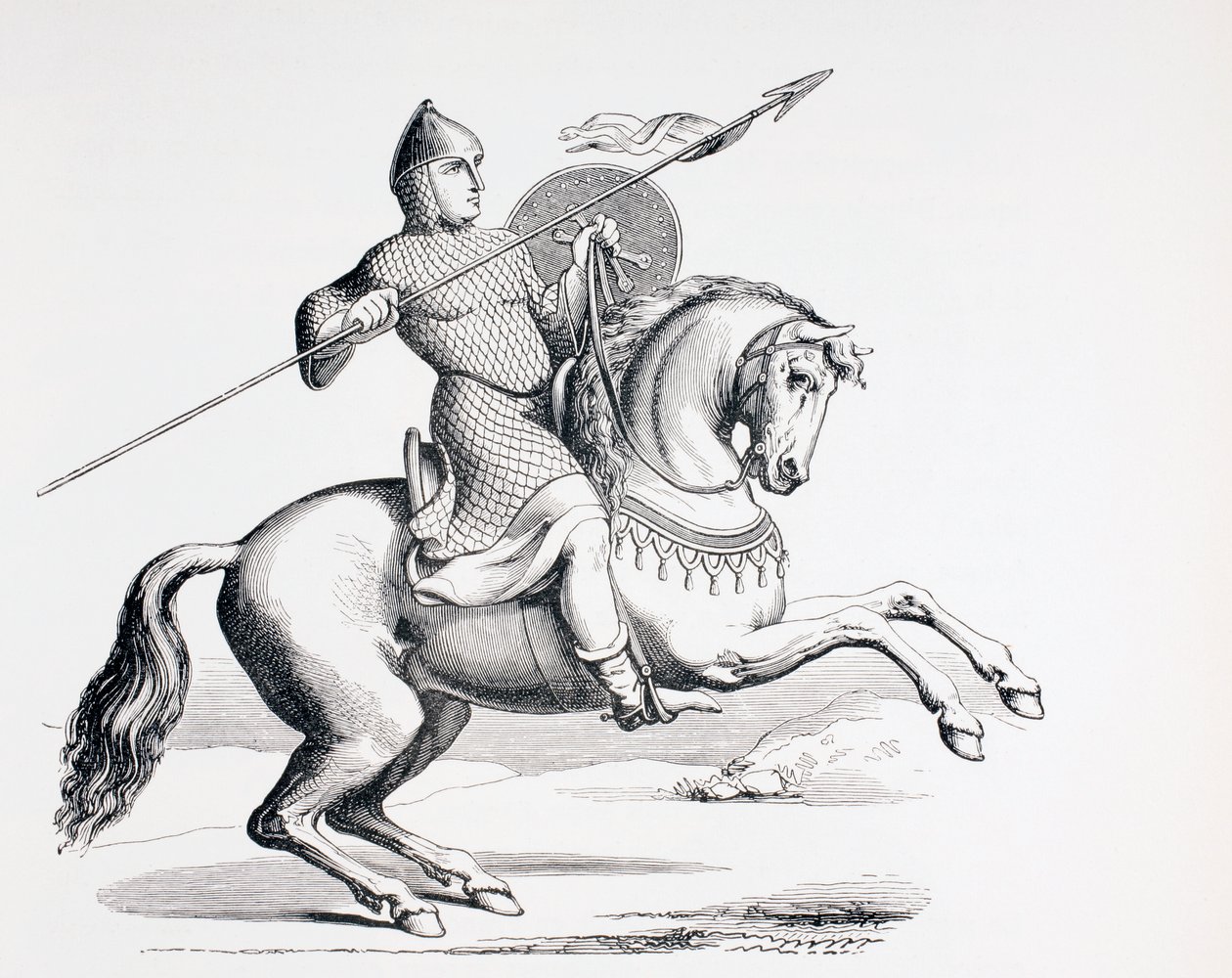 1873年，诺曼骑士身穿链甲和头盔，携带长矛和盾牌 作者 法语学校
