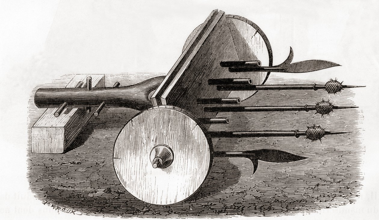 来自 Les Merveilles de la Science 的 Ribauldequin，地狱机器或风琴枪，配备小炮和长矛，约 1870 年出版（雕刻） 作者 法语学校