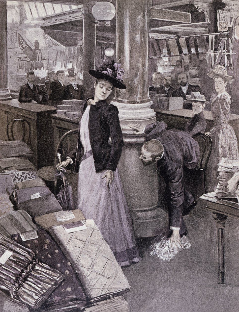 巴黎百货商店的小偷，Paradis des Dames的插图，c.1895 作者 法语学校