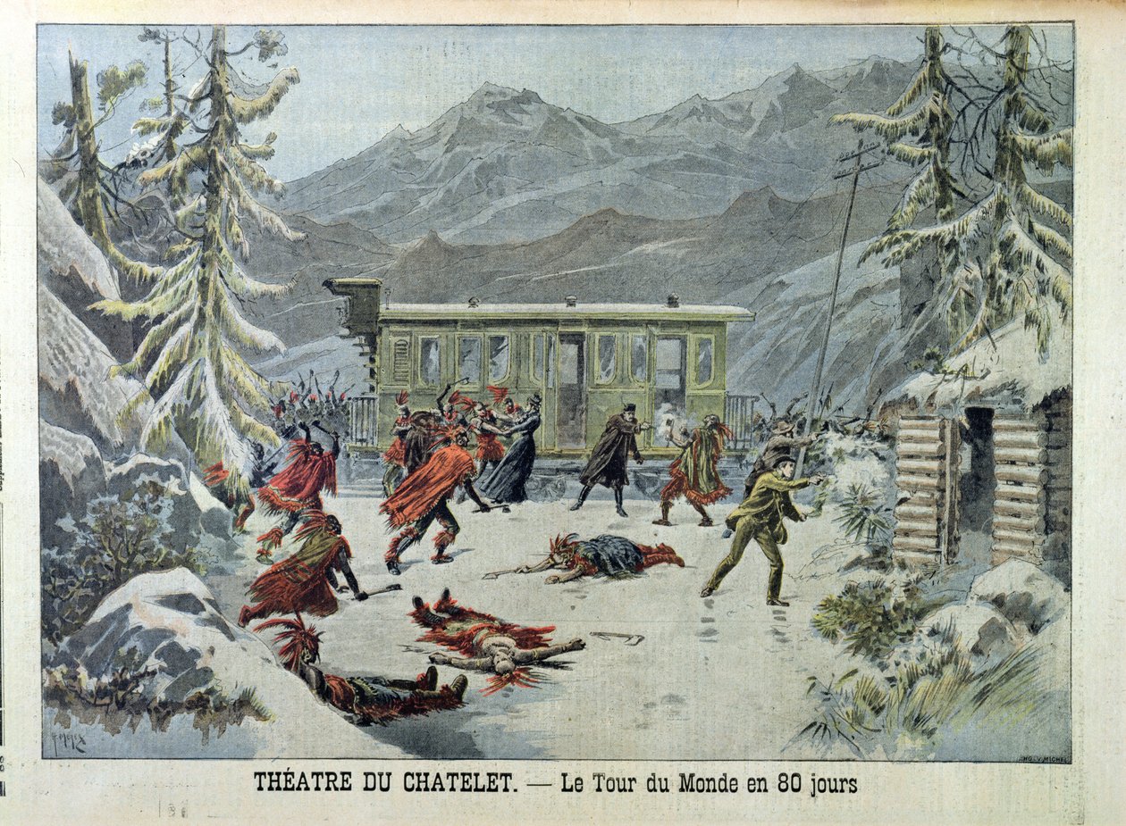 1898年5月13日，美国印第安人袭击了来自Le Petit Journal的Jules Verne（1828-1905）80天来自世界各地的火车 作者 法语学校