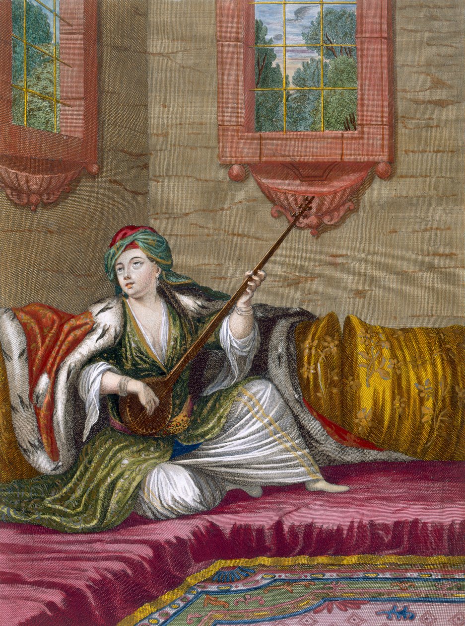 一个土耳其女孩玩Tehegour，c.1708 作者 法语学校