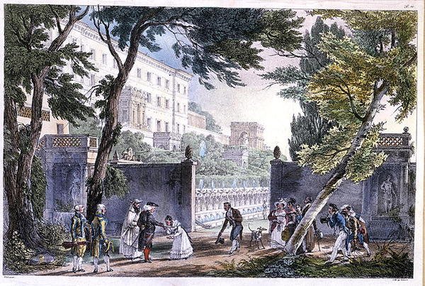 罗马的一座别墅，由Villain雕刻，约1820年（彩色平印）。 作者 法语学校