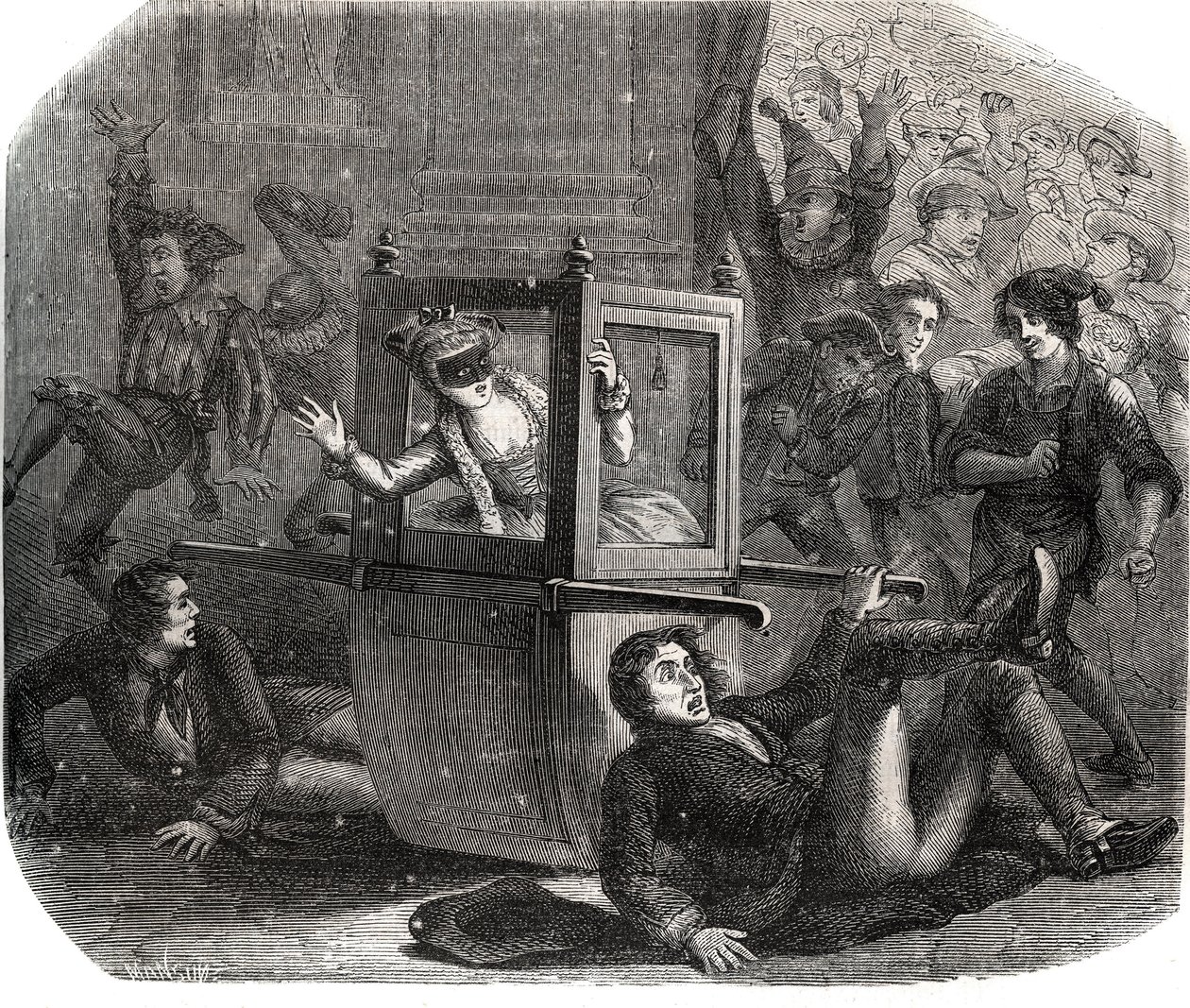 一群小丑让玛丽-泰蕾兹（Marie Therese）-勒瓦瑟尔（Levasseur）（1721-1801），一个狂欢节的服装，在她的轮椅上无法前进。她是那些曾经的恋人之一的报复的受害者。雕刻于1871年的 "Histoire Des Cocus C"。 作者 法语学校