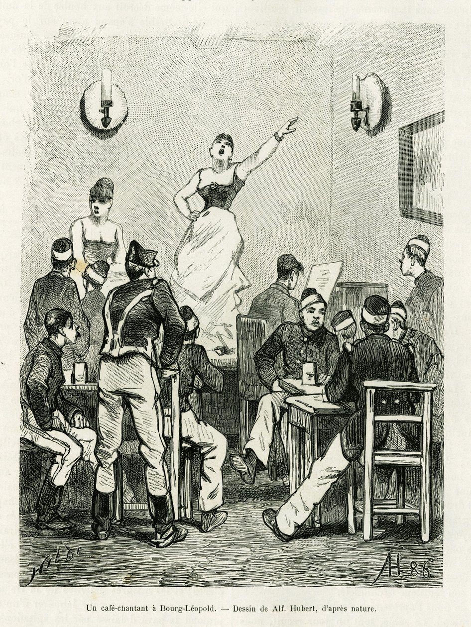 A cafe singing in Bourg Leopold. Engraving by A.Hubert to illustrate the story La Belgique, by Camille Lemonnier, in le tour du monde 1886, directed by Edouard Charton (1807-1890), Hachette, Paris. 作者 法语学校