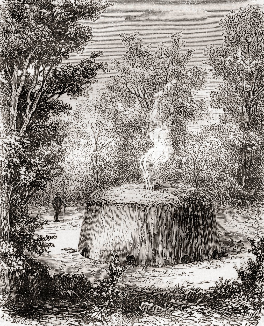 森林中的木炭窑，绘制于 19 世纪，来自 Les Merveilles de la Science，出版于 1870 年（版画） 作者 法语学校