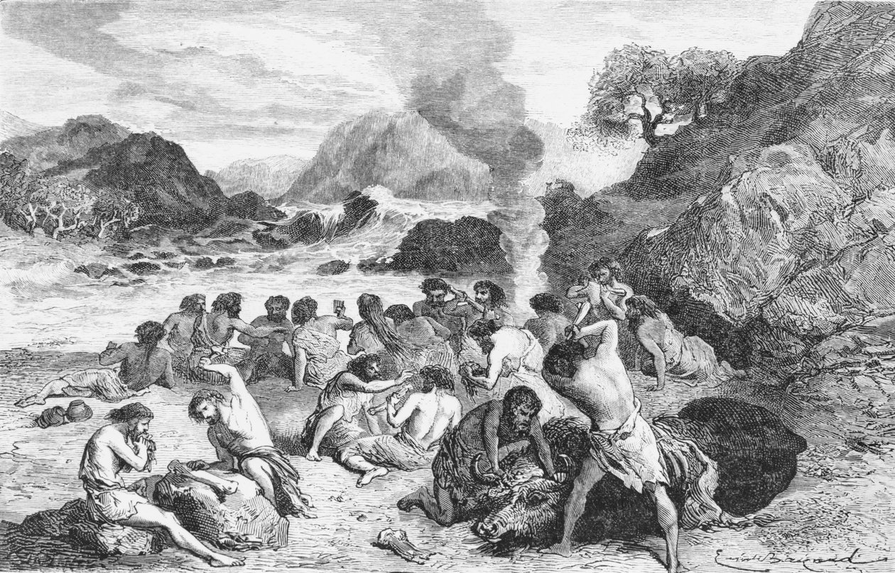 在石器时代的盛宴，来自路易斯菲利尔的LHomme Primitif的插图，由Hachette出版，1870年 作者 法语学校