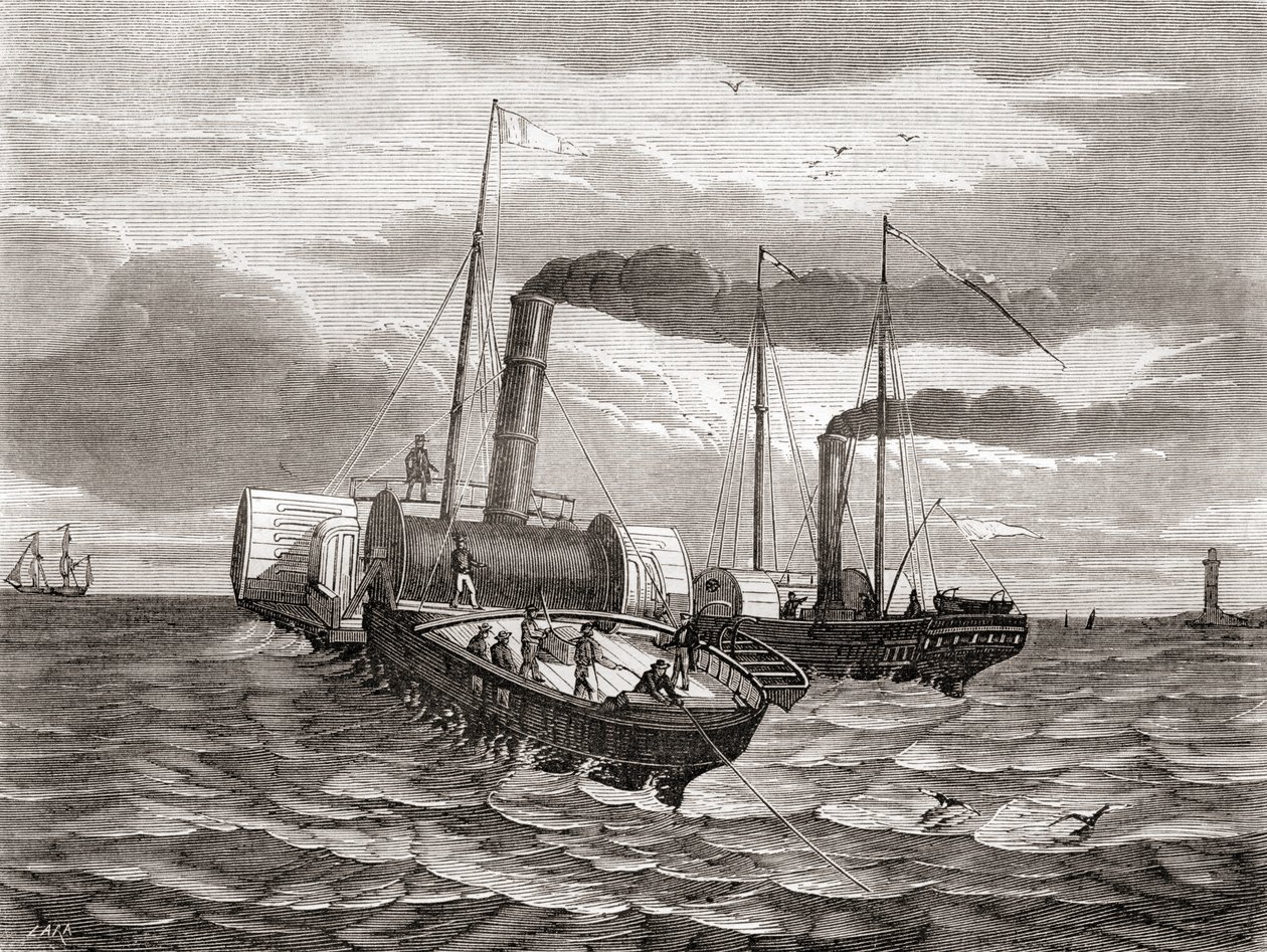 1850 年，约翰-沃特金斯-布雷特的英法电报公司使用改装的拖船 "歌利亚 "号和 "威金 "号，首次尝试在英吉利海峡下铺设从多佛尔到加来的第一条线路。 作者 法语学校