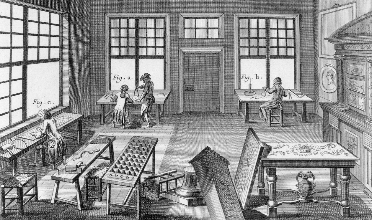 来自Denis Diderot（1713-84）的Encyclopedie des Sciences et Metiers的家具镶嵌工作室发表于1770年 作者 法语学校