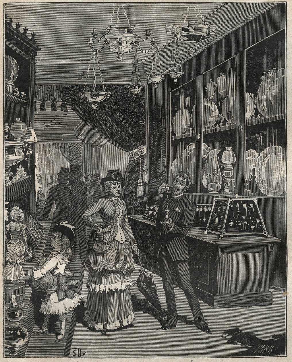 19世纪法国的一家金店。1885年阿道夫-比塔尔（Adolphe BITARD）在 "Les arts et metiers illustrstres "中的雕版画。 作者 法语学校