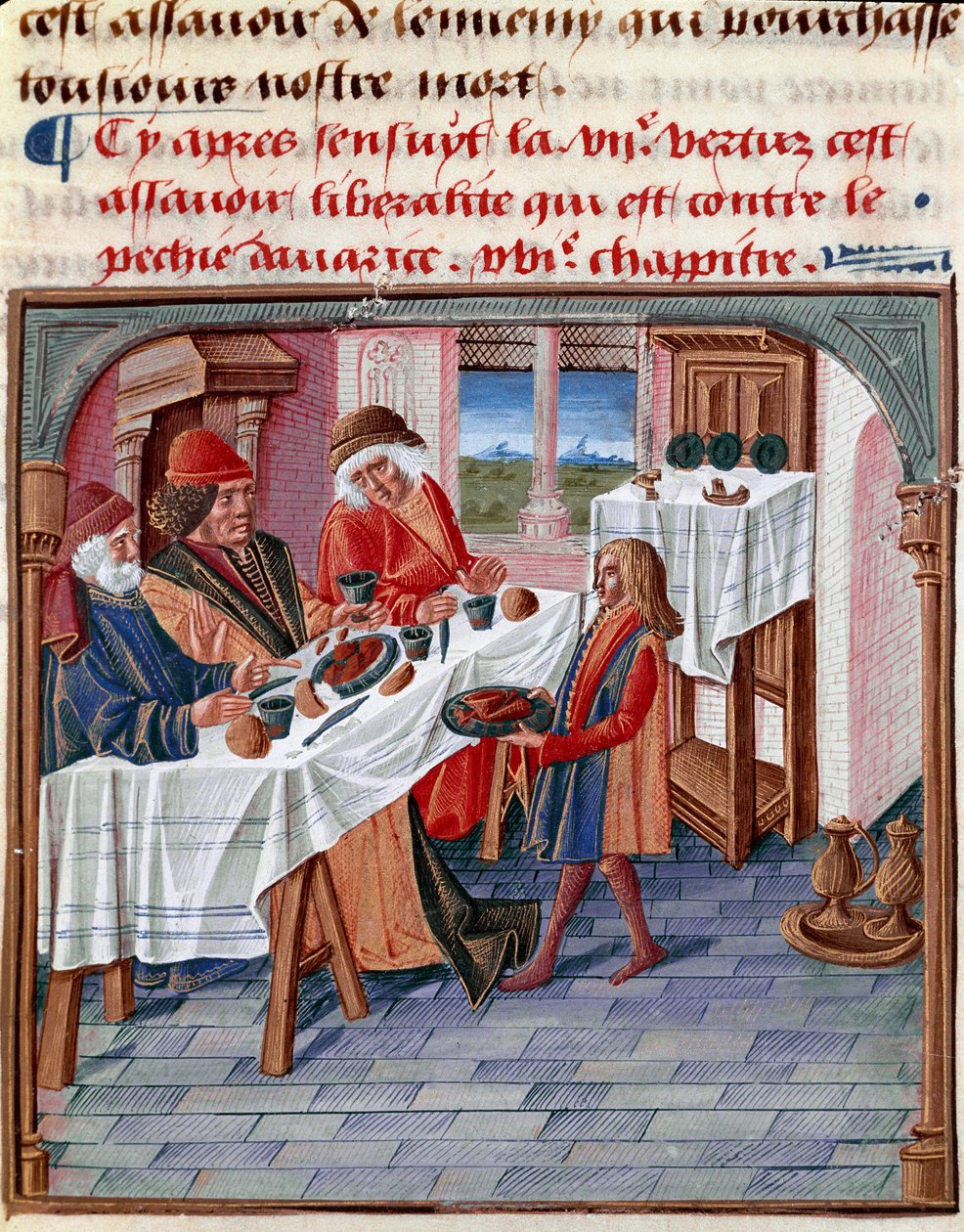 一个男人与一个需要帮助的穷人分享他的桌子 迷你画，摘自 "Le livre de bonnes moreurs de Jacques Legrand" 1490 Chantilly, Musee Conde 作者 法语学校