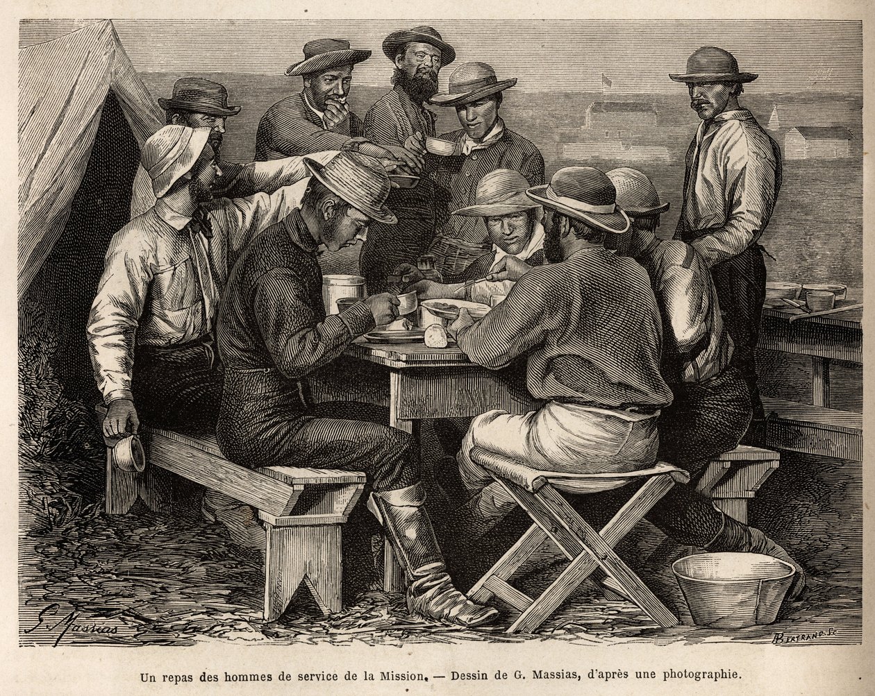 1872 年任务服务人员在营地的一顿饭，在第一次实地勘察之前，刻在 G. Massias 的画后，描绘了 1870 年至 1872 年穿越美国国家公园的一系列地理任务 ， 经过 作者 法语学校