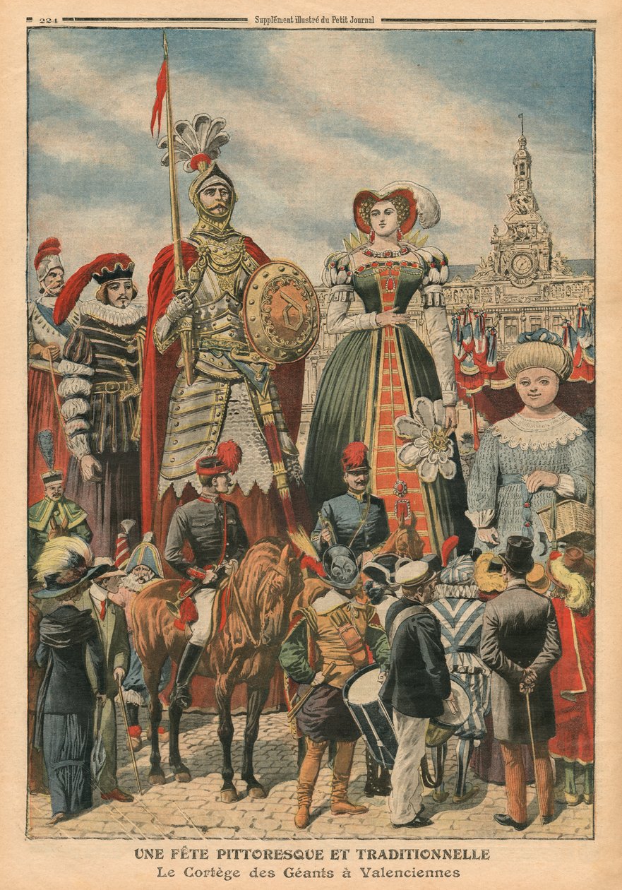 一个风景如画的传统盛宴，巨人在瓦朗谢讷的游行，插图来自&39;Le Petit Journal&39;，补充说明，1910年7月10日（colout litho） 作者 法语学校