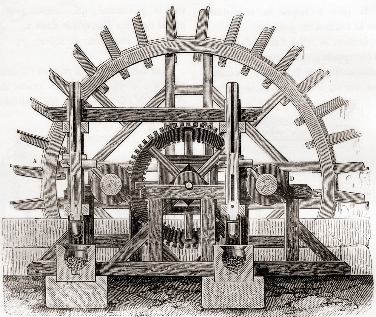 Les Merveilles de la Science 的 19 世纪绘图后的粉磨机及其水轮，出版于 1870 年（雕刻） 作者 法语学校