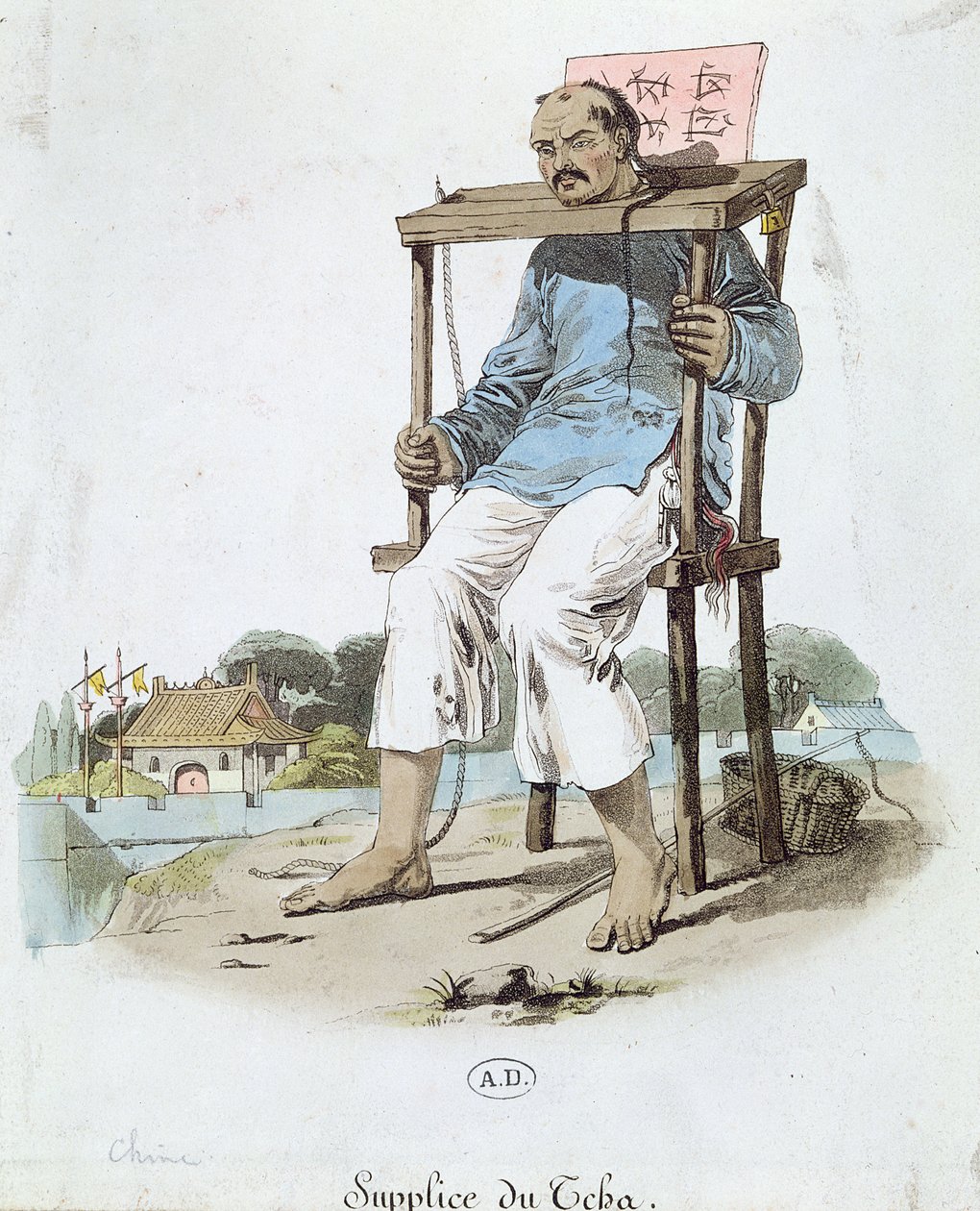 中国Cangue的一名囚犯，c.1800（彩色版画） 作者 法语学校
