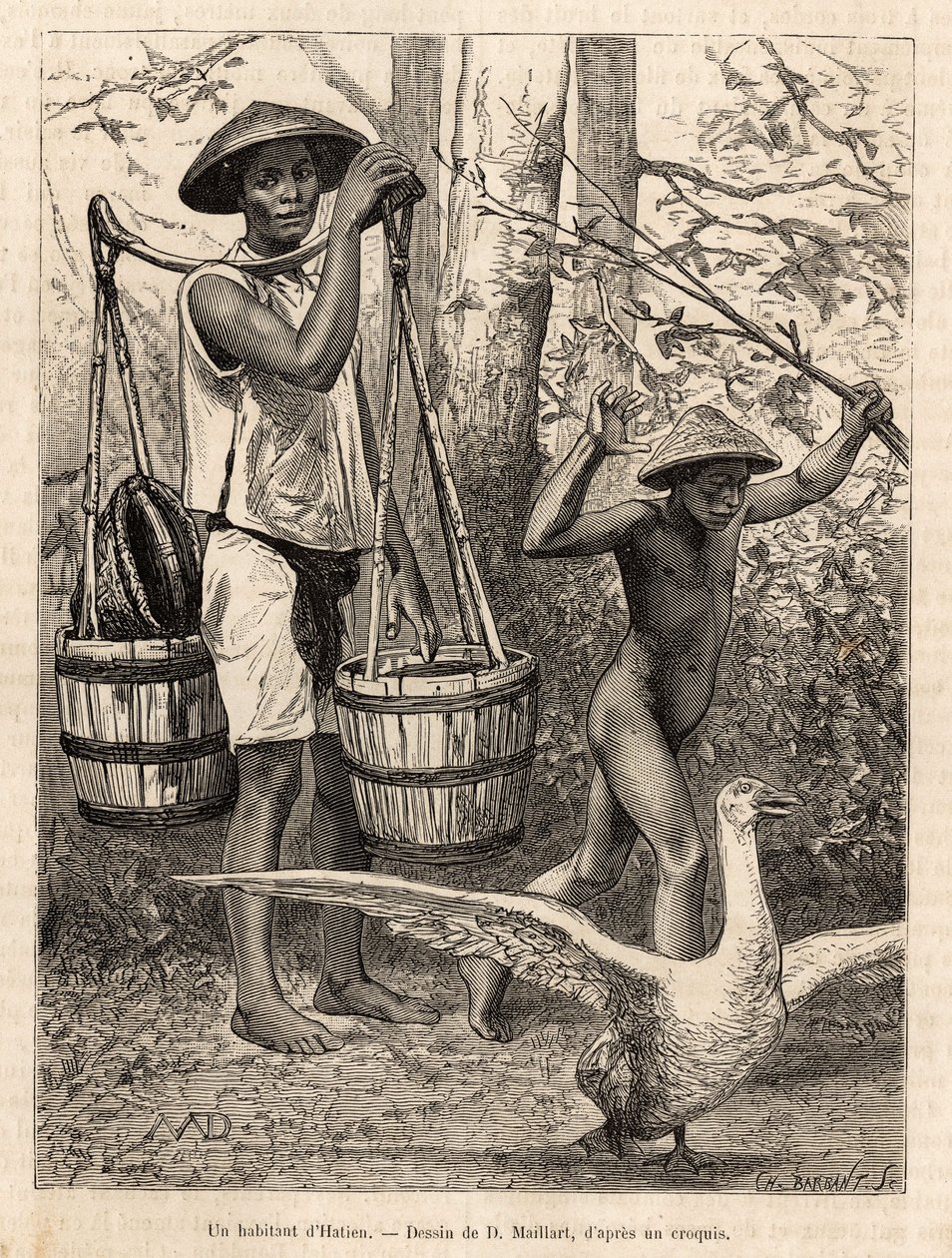 Hatien（越南）的一名居民提着水桶和篮子，一个孩子用棍子打鹅，这幅画是罗宾的一幅画，描绘了莫里斯博士在 1872 年的科钦钦航行，发表在“世界之旅”上 ” 1875 年，E 编辑 作者 法语学校