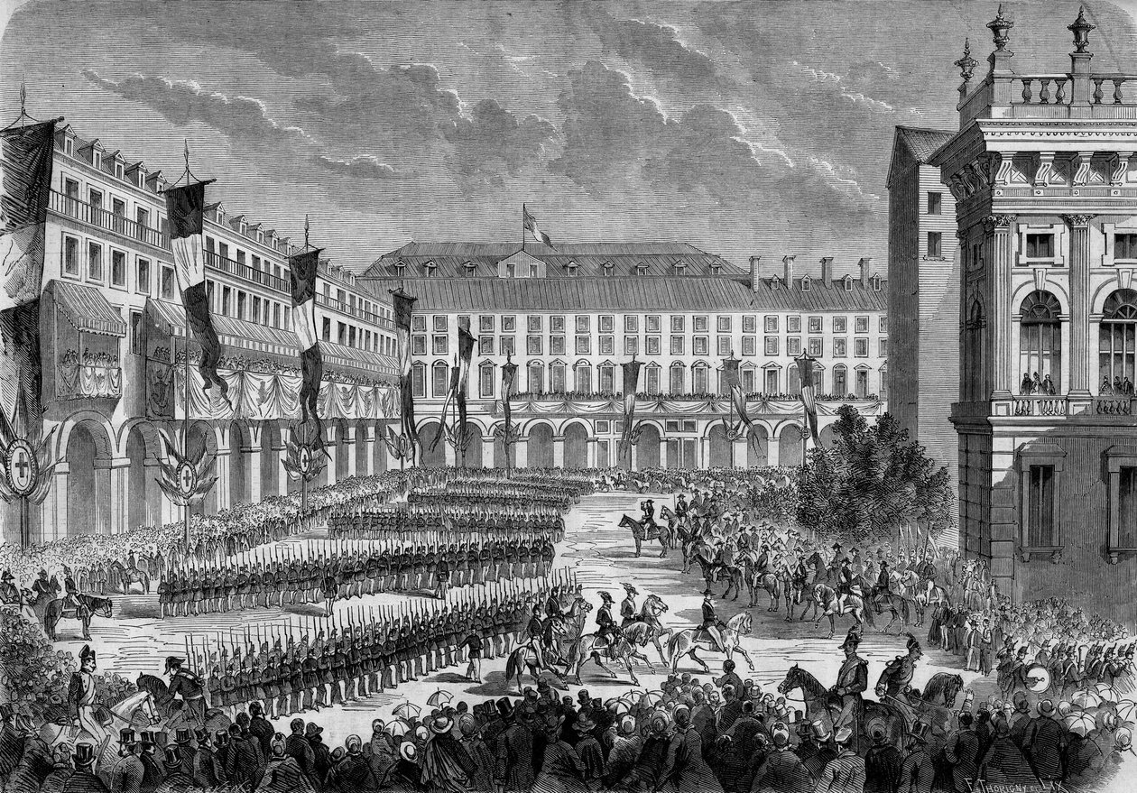 6月7日，意大利国王维克多-伊曼纽尔二世（Victor-Emmanuel）（Vittorio Emanuele）在都灵通过的部队检阅。 作者 法语学校