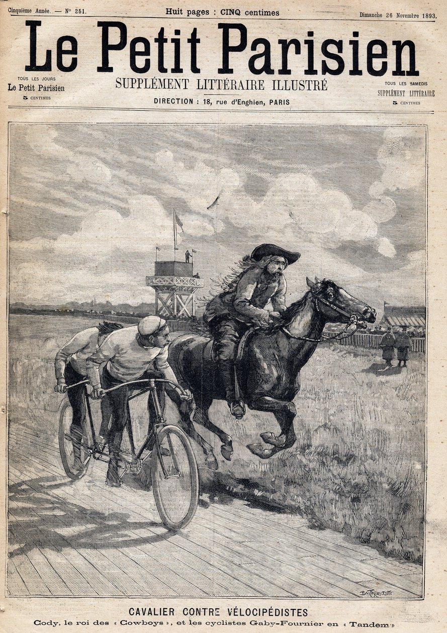 一名骑手与骑自行车的人赛跑。威廉-弗雷德里克-科迪（1846-1917），人称水牛比尔，被称为牛仔之王，与骑自行车的盖比和福尼尔串联。1893年11月26日的《小巴黎人报》之一（雕刻）。 作者 法语学校