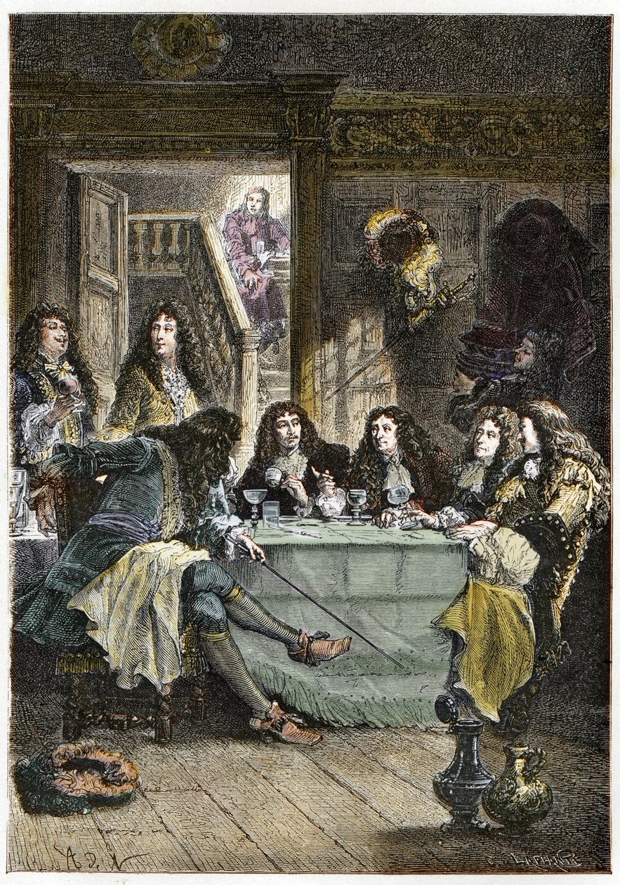 一个汇集了法国作家Jean de La Fontaine (1621-1695)、Nicolas Boileau-Despreaux (Boileau Despreaux)（1636-1711）、剧作家Jean Baptiste Poquelin dit Moliere（1622-1673）和诗人Jean Racine（1639-1699）的沙龙（Cabaret） - La Fontaine, Boilea 作者 法语学校