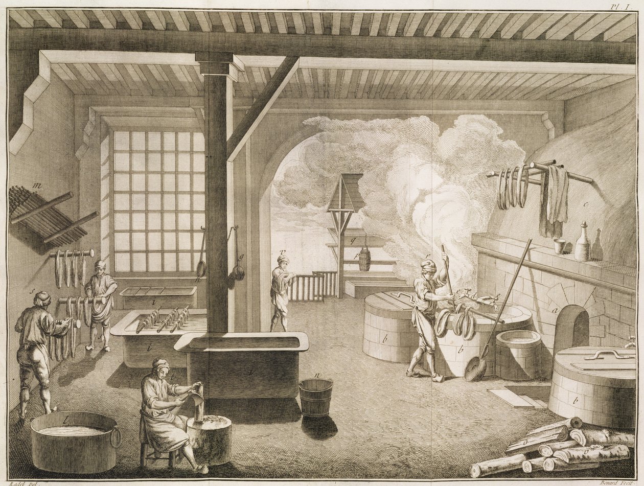 来自Denis Diderot（1713-84）的Encyclopedie des Sciences et Metiers的丝绸染色工作坊发表于1770年 作者 法语学校