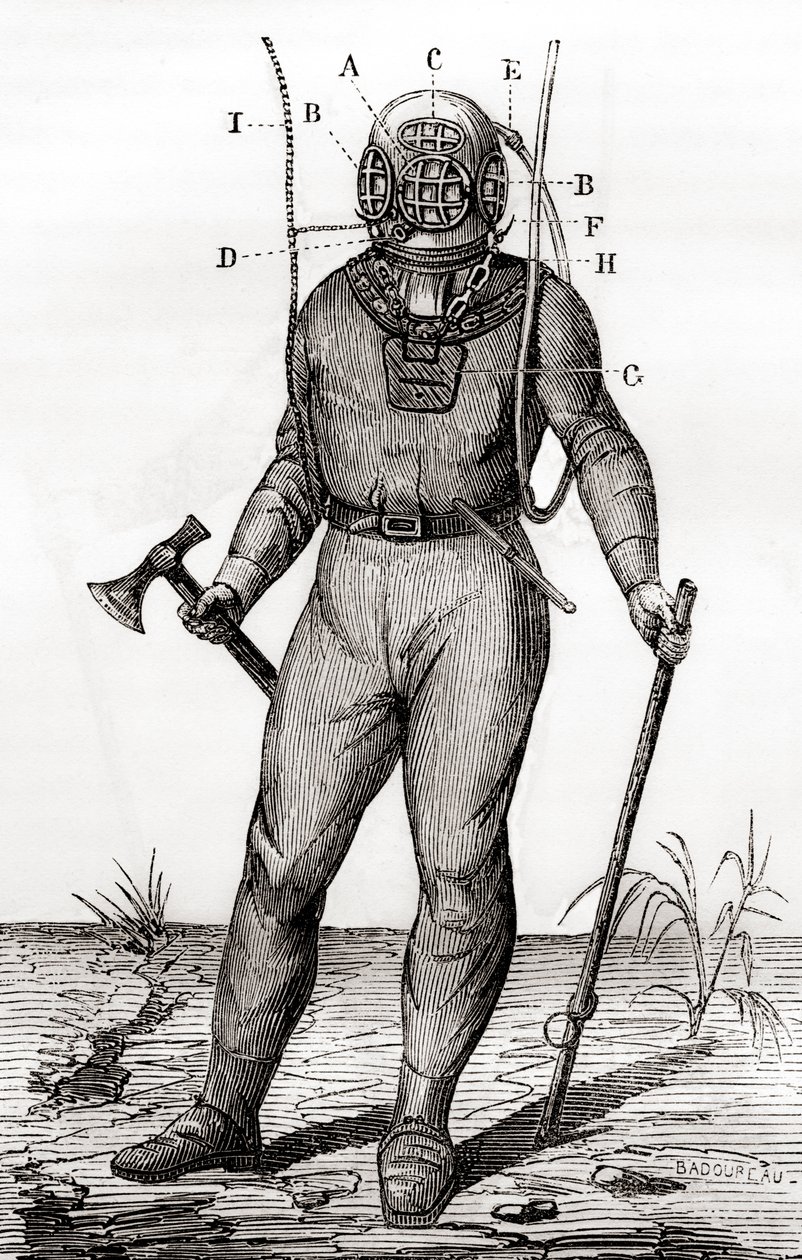 约瑟夫-马丁-卡比罗尔在1855年获得专利的标准潜水服，来自《科学的奇迹》，约1870年出版（雕刻）。 作者 法语学校