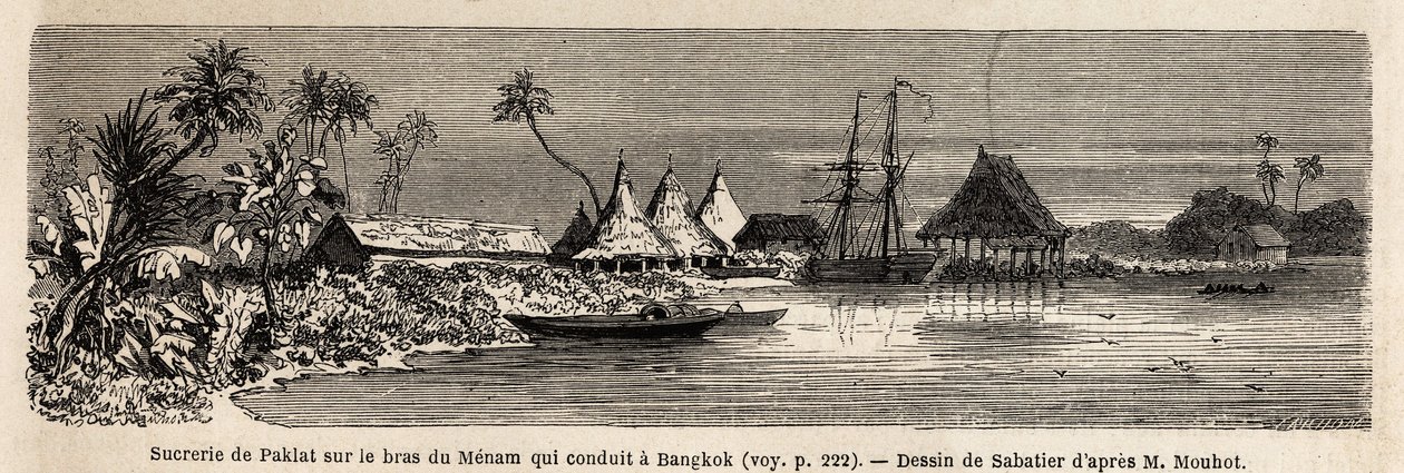 A sugar factory of Paklat, on the arm of Menam, the main river of Thailand, drawing by Sabatier, to illustrate Henri Mouhot