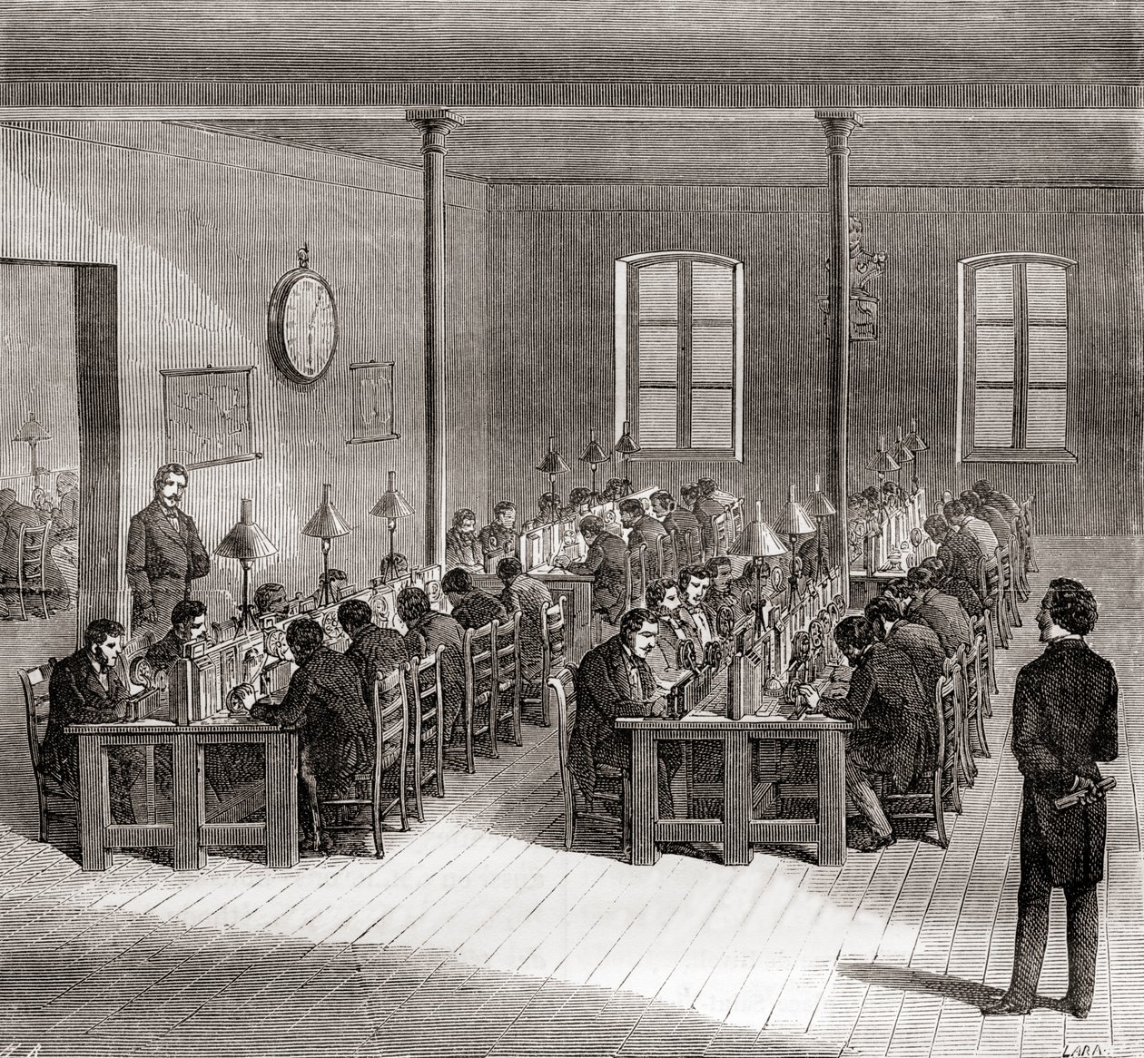 A telegraph station in Paris, France c.1870, from Les Merveilles de la Science, published c.1870 (engaving) 作者 法语学校
