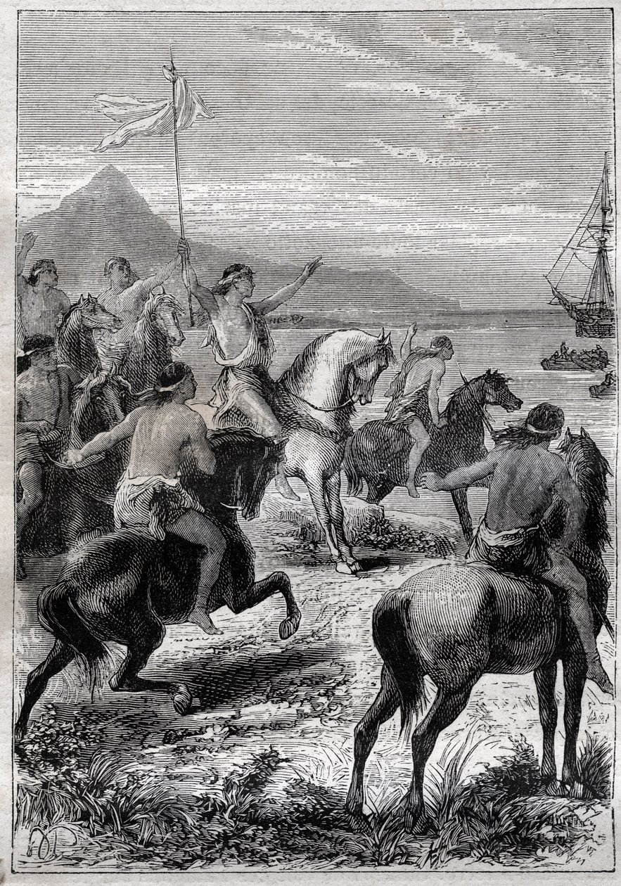 一队骑马的人打着白旗。约翰-拜伦海军中将（1723-1786）1764年在麦哲伦底特律的东口被德维尔金角的当地人接待--插图来自 "18世纪伟大的航海家" 作者 法语学校