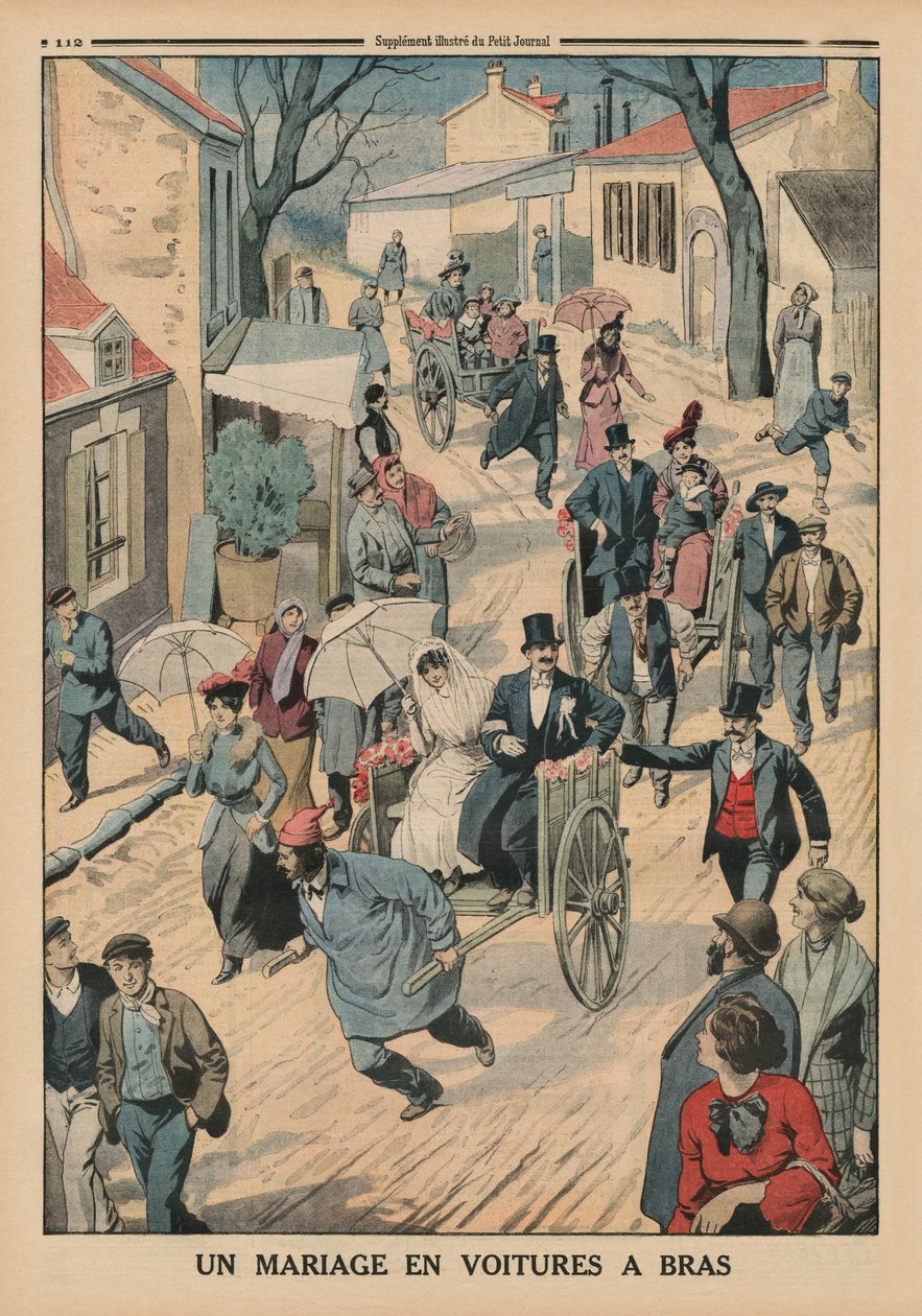 在手车的一个婚礼，从Le Petit学报的后盖例证，补充illustre，1914年4月5日 作者 法语学校
