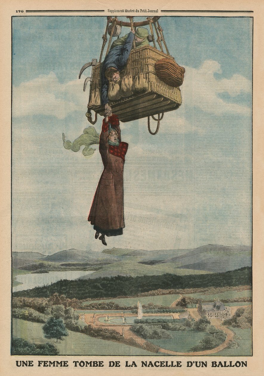 一名女子从气球的缆车上摔下来，从&39;Le Petit Journal&39;的封底插图，补充illustre，1913年6月1日（彩色光刻） 作者 法语学校