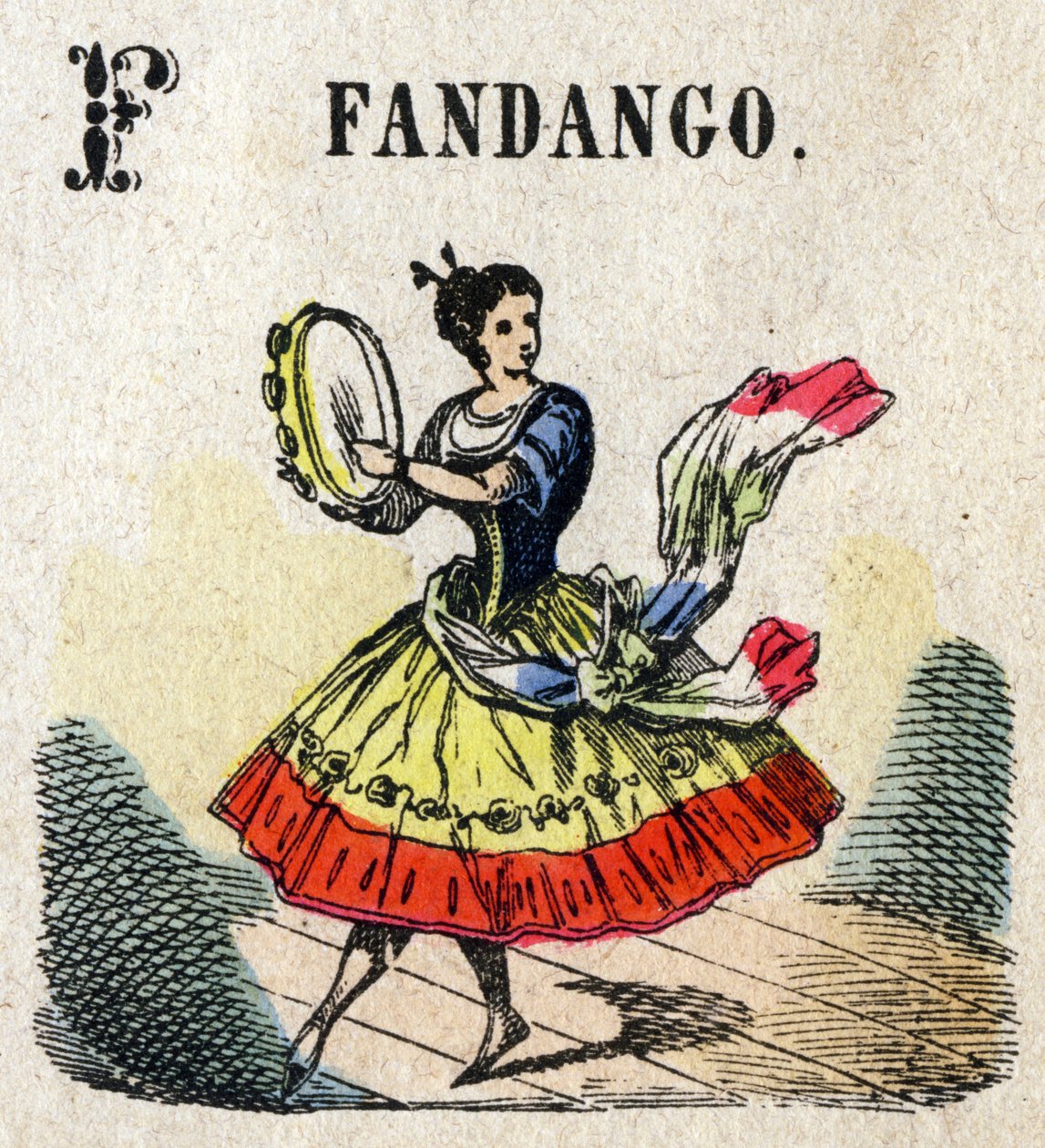 初学者。 字母 F 喜欢 Fandango。 小百科字母，流行系列。 Epinal 成像，19 世纪后期 作者 法语学校
