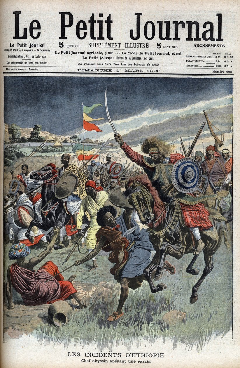 阿比西尼亚酋长在突袭中，埃塞俄比亚，1908年3月（基督徒阿比西尼亚人在埃塞俄比亚-索马里边境与穆斯林索马里人作战），来自《小报》（雕刻）。 作者 法语学校
